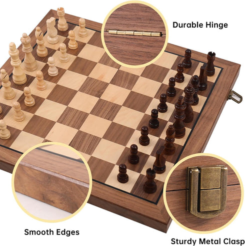 Ajedrez Set, 15" 2 Magnetic Wooden Chess Walnut Folding Chess Board with Handcrafted Pieces Extra Queens, Portable