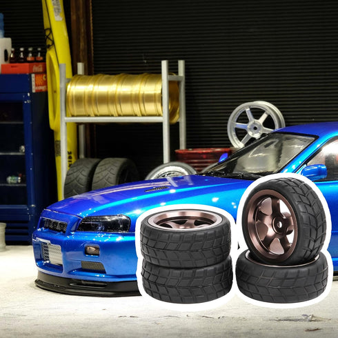 Mxfans 5 Spoke Grey Aluminium Alloy Wheel Rims & Black Square Pattern Rubber Tyres for RC 1:10 On Road Racing Car Set