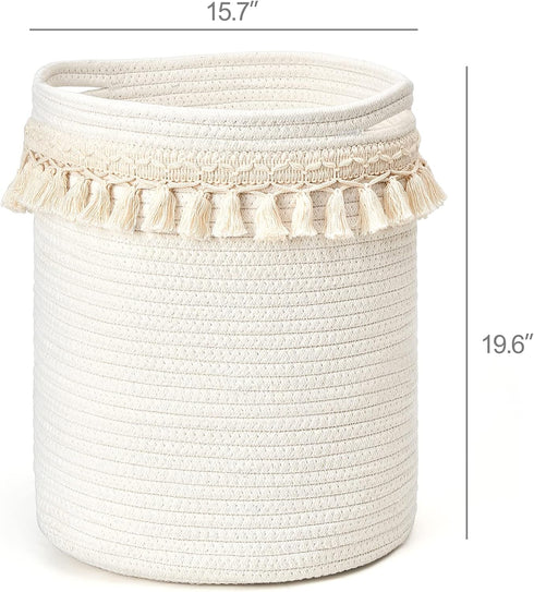 Closet 15.7"x19.6" Mkono Macrame Decorative Cotton Rope Basket Boho Nursery Decor Small Cute Woven Tassel Storage Bins