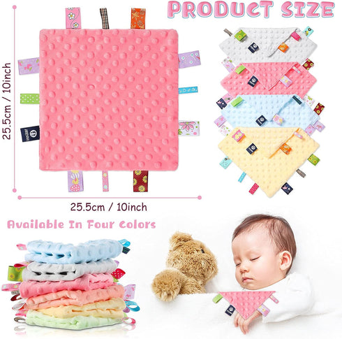 4 Pieces Baby Tag Security Blanket Baby Soothing Plush Blanket Sensory Soft Comforter Blanket Baby Animal Nursery Bed Blanket for 0-12 Months Babies, 9.5 x 9.5 Inch (Grey, Pink, Blue, Yellow) by WILLBOND