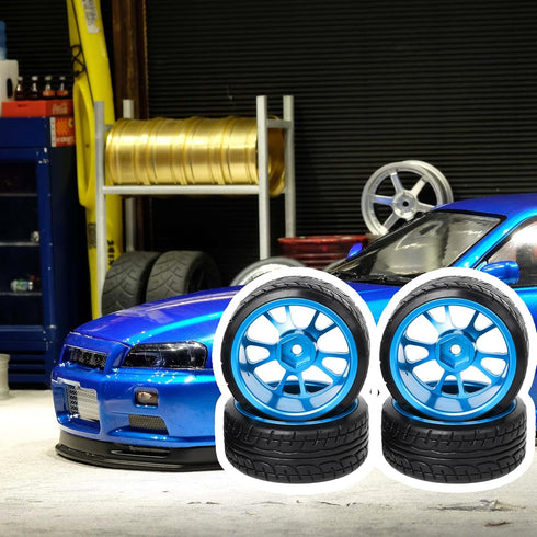 Mxfans 4Pcs Plastic Tires & Blue 10-Spokes Aluminum Wheel Rims for RC 1:10 On-Road Car