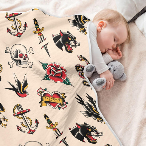 Old School Tattoo Baby Blanket Cozy Cotton Throw Blanket Warm Nursery Receiving Toddler 30" x 40