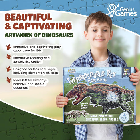 100-Piece 4 Tyrannosaurus Rex Dinosaur Jigsaw Puzzle | Double Sided Floor Puzzle with Glow-in-The-Dark Skeleton On