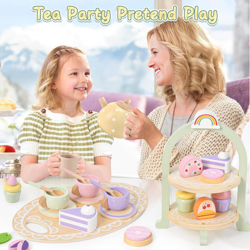 Set Set 2 3 4 5 6 3-6 Lonico Wooden Tea Party for Little Girls Toddler Tea with Cupcake Stand & Food Dessert, Play