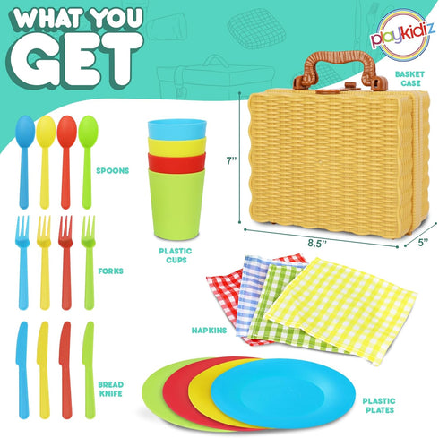 25 Set Playset, 3+ Kids Picnic Basket Toy Dishes, Piece Plastic Tea Party - Colored Pretend Play Dishes Toddlers