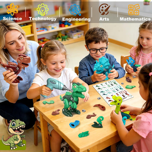 5 Pack 3-5 5-7 Laradola Stem Educational Dinosaur Toys with Wheels for Kids Electric Drill Build Take Apart Creative