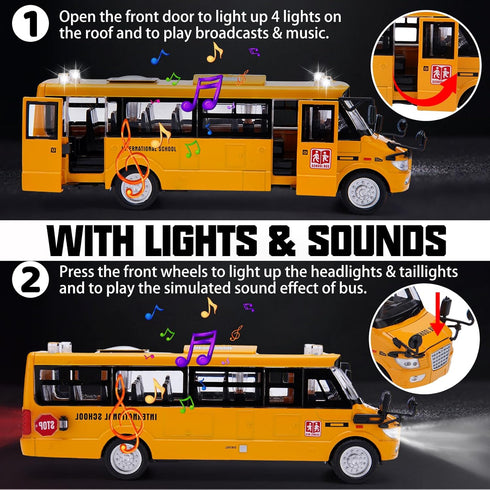 Die Cast School Bus Toy 9'' Model Cars with Lights & Sounds, Openable Doors, Large Yellow Metal Vehicle for Kids