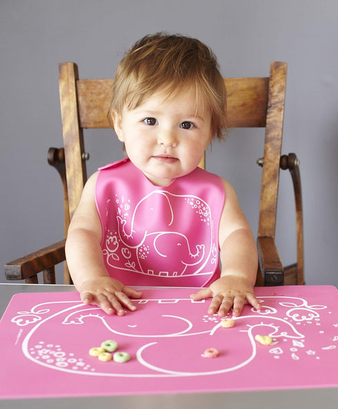 Pack 1 modern-twist Bucket-Bib Silicone Baby Bib, No BPAs, Flexible, Dishwasher Safe Bib, Elephant Hugs, Bright Pink