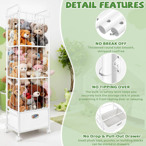 Stuffed Animal Storage, Metal Stuff Animals Zoo Holder with Fabric Drawer and Wheels Tall Vertical Plushies Toy