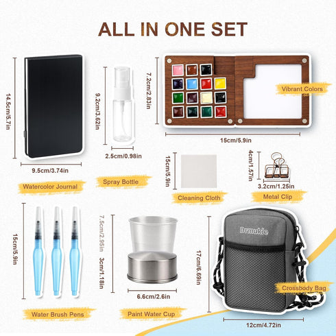 Drmukie Set 15-Color Set Mini Watercolor Paint All-in-One Walnut Wood Travel Watercolor Kit with Crossbody Bag Paint