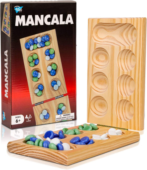 Point Games Solid Pine Mancala - Folding Board Game with Blue, Green, White Marbles, Portable Strategy Game