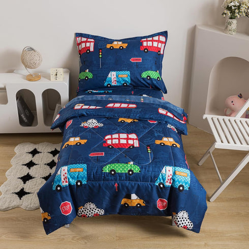 Caressma Navy Toddler Bedding Set Bed-in-a-Bag 4 Pieces, Soft Microfiber Kids Comforter