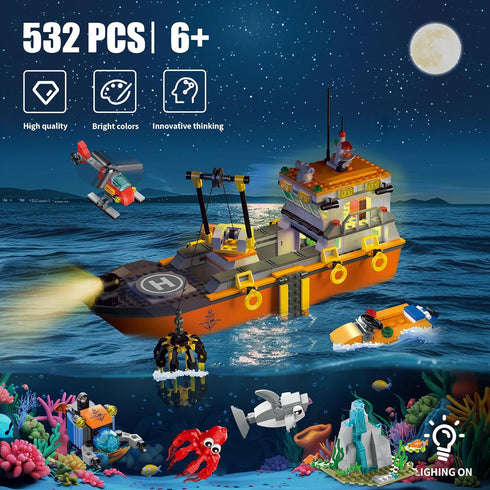 Set, Set 6 8 10 12 AKWME City Ocean Explorer Ship Building Exploration Boat Toy Building Block with LED Lights