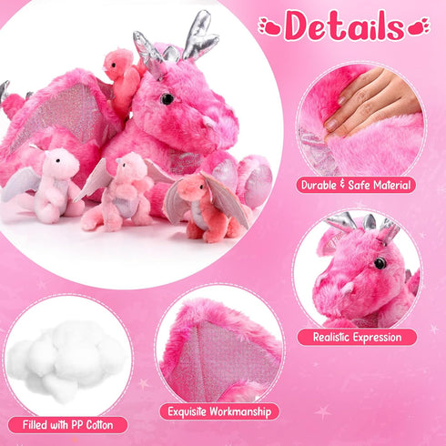 Syhood 18 Inch Dragon Plush with Babies, Large Mommy Dragon Stuffed Animal with 4 Small Plushies