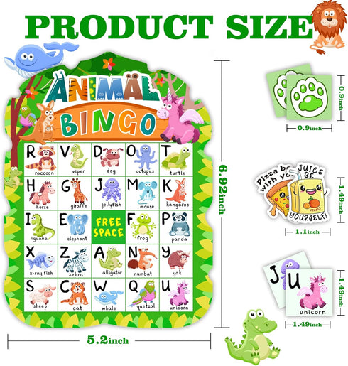 Animal Bingo Game for Kids Toddler Adults Family, Animal Bingo Cards Letter Recognition Jungle Safari Party Game with 24 Players & 40Pcs Punny Stickers for Party Favors Kindergarten Activity Supplies