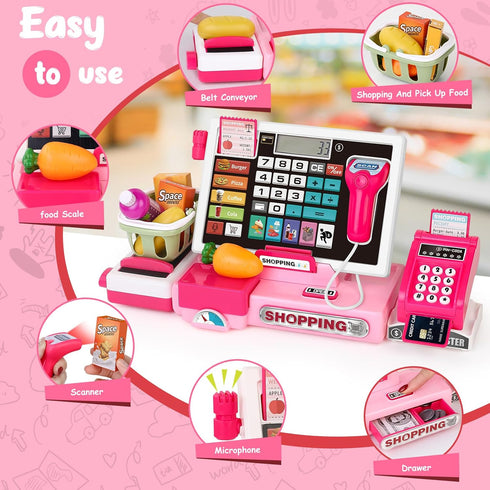 Playset, Kids Cash Register Toy Toddler Prentend Play Store with Real Calculator Cash Register with Scanner/Credit