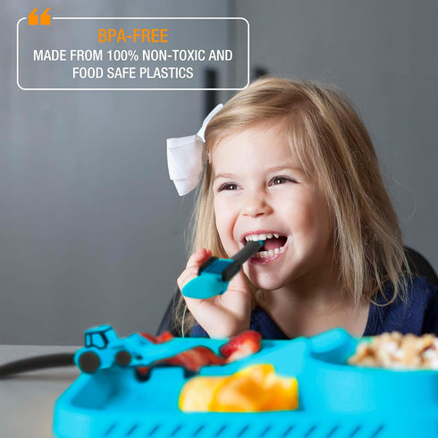 Dinneractive 2-Piece Utensil Set for Kids, Construction Themed Toddler Forks & Spoons, Blue Loader & Tractor