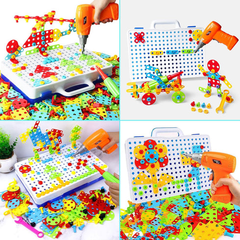 223 Pieces Creative Mosaic Drill Set for Kids - Toy Drill and Screwdriver Puzzle Kit for Ages 3-10