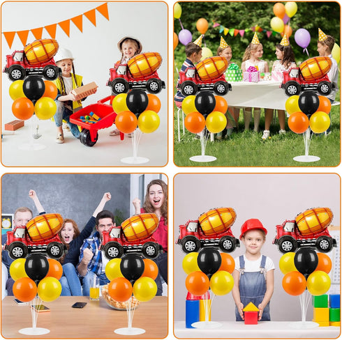 2 Sets 2 Construction Party Balloons Stand Kit with Construction Truck Foil Balloons Black Orange Yellow Party Balloon