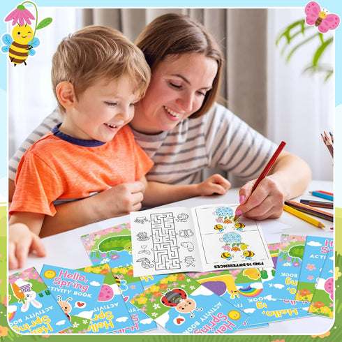 24Pcs Set Spring Activity Books for Kids - Hello Spring Mini Games Coloring Book Bulk Insect Floral Mazes Word Search
