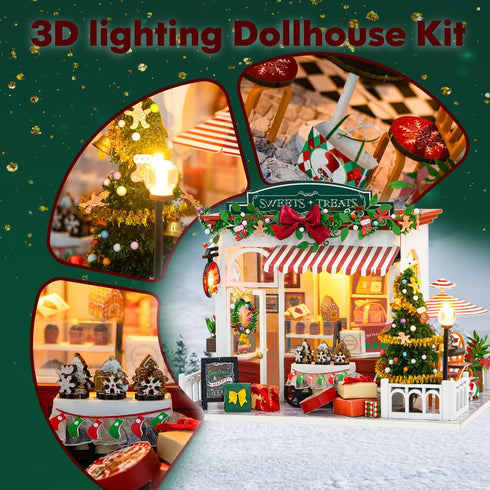 Yeconire Set, 3D Christmas Miniature Dollhouse Kits, DIY Miniature House Kit, Tiny House with LED, Christmas Village