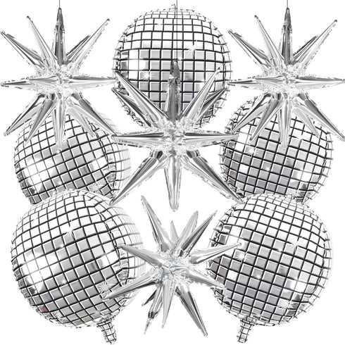 OuMuaMua 9pcs Disco Ball Balloons for 70s Disco Party Decor, 22 Inch Large 4D Metallic Silver Balloons with Stars