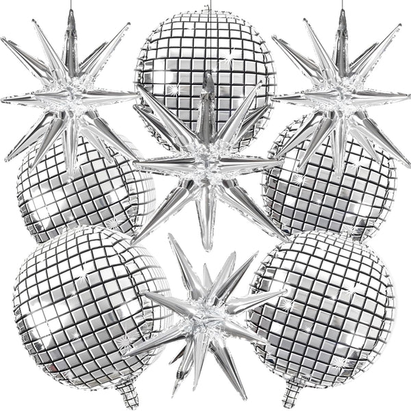 OuMuaMua 9pcs Disco Ball Balloons for 70s Disco Party Decor, 22 Inch Large 4D Metallic Silver Balloons with Stars