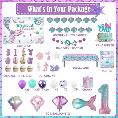 Fiesec 1 1st 114 Mermaid Birthday Decorations Year Old Girl, Mermaid Party Decorations Backdrop Balloon Garland Monthly