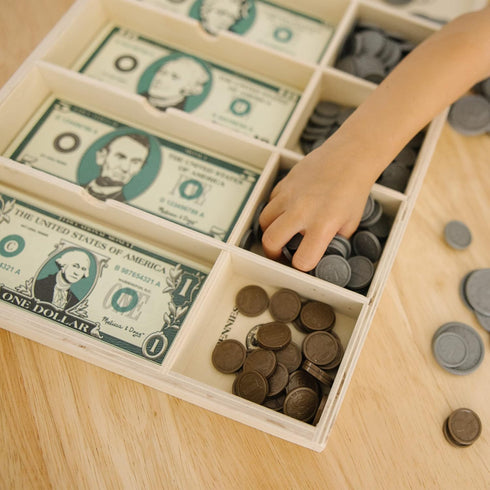 Melissa & Doug Play Money Set: Educational Toy with 50 Paper Bills, Plastic Coins, and Wooden Cash Drawer
