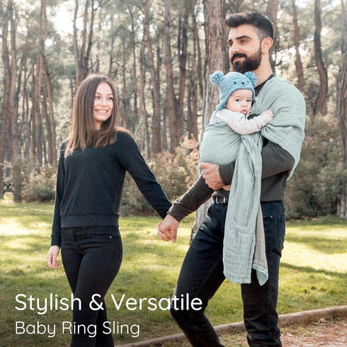 100% Ring Sling Baby Carrier - USA Lab Tested, Natural Cotton Muslin, Breathable & Ergonomic Ring Sling Grey Turquoise