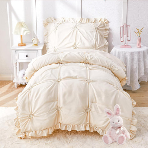Wowelife Toddler Bedding Sets for Girls, 4-Piece Beige Toddler Bed Set Floral