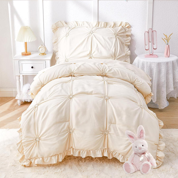 Wowelife Toddler Bedding Sets for Girls, 4-Piece Beige Toddler Bed Set Floral