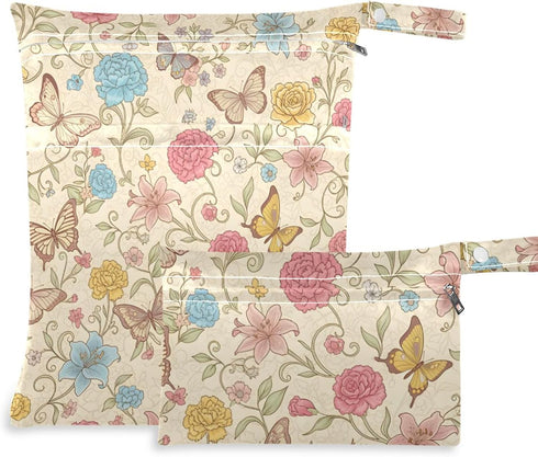 Burbuja Floral Butterfly Wet Dry Bags for Baby Cloth Diaper 2 Pack, Waterproof