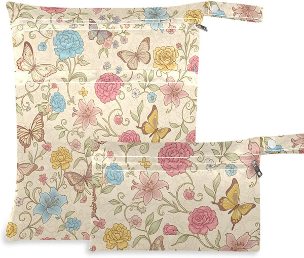 Burbuja Floral Butterfly Wet Dry Bags for Baby Cloth Diaper 2 Pack, Waterproof