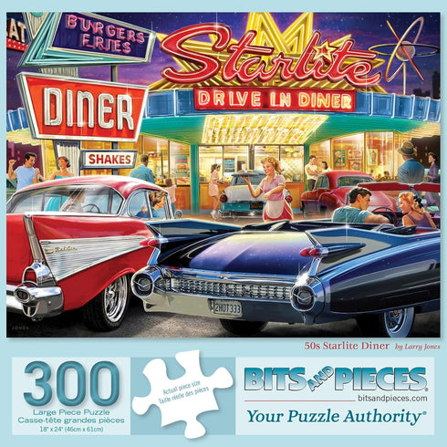 Bits and Pieces 300 Piece Jigsaw Puzzle for Adults, 50s Starlite Diner, 18" x 24" Classic Cars Drive-in Puzzle