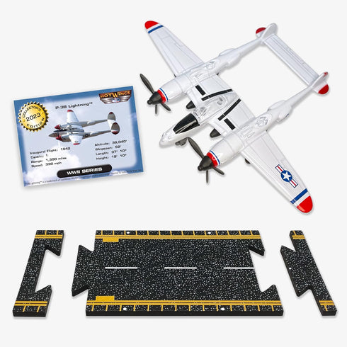 Hot Wings Planes P-38 Jet (Red Tip) with Connectible Runway, White/Red Die Cast Plane