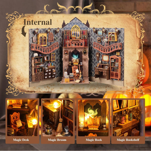 Light,3D Book Nook Kit,DIY Miniature House Kit,Dollhouse Booknook with Dust Cover & LED Wooden Bookends