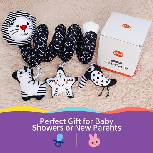 0-6 0+ 6-12 LiKee Spiral Car Seat Toys for Babies Months, Black High Contrast Plush Hanging Baby Stroller Toys, Crib