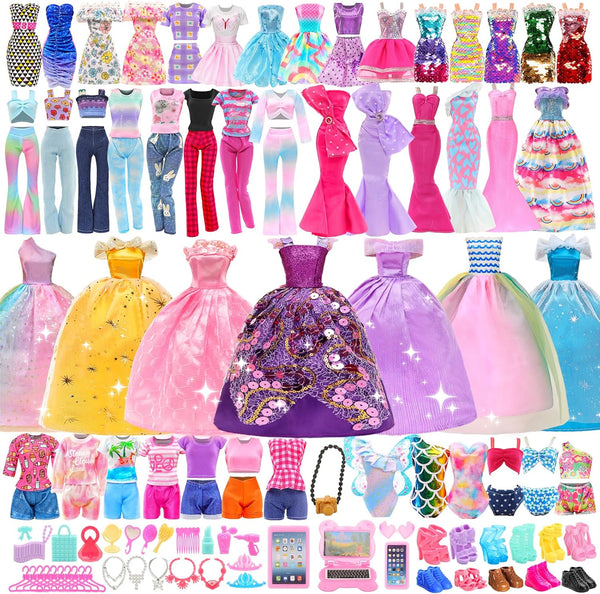 BARWA 70 Pack Doll Clothes and Accessories, 3 Wedding Gowns, 5 Long Dresses, 4 Tops, 4 Pants, 3 Swimsuits