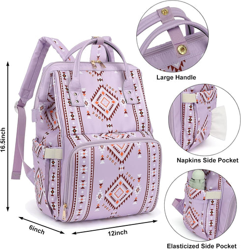 Xunteny Backpack Backpack Boho Diaper Bag for Mom Dad, Multifunctional Bohemia Baby Nappy with Stroller Straps
