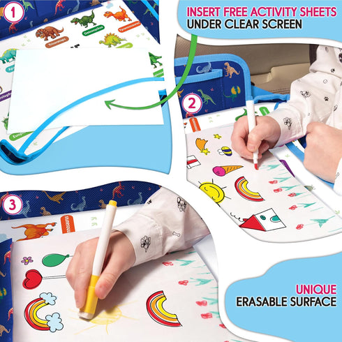Car Seat Tray for Toddler - Waterproof Kids Travel Table Top - Road Trip Essentials - Lap Desk with Storage (Blue)