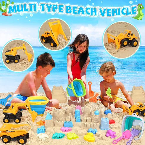 FHOZGECY 3 3 4-8 Beach Toys, Sand Toys for Kids Boys and Girls with Construction Vehicles, Collapsible Bucket, Sand