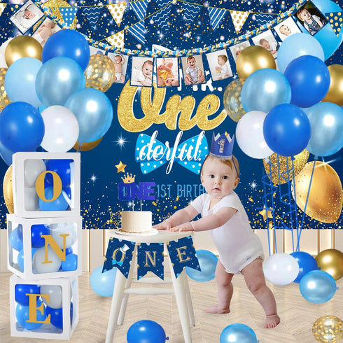 YHFNDIYS 1st Baby Boy Birthday Decorations, Baby First Birthday Decorations for Boy,Boys First Birthday Party Supplies