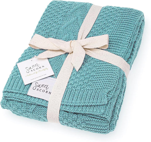 Knit Baby Blanket in Cable Pattern, Organic Cotton Receiving Blankets for Crib or Stroller, Ocean Teal