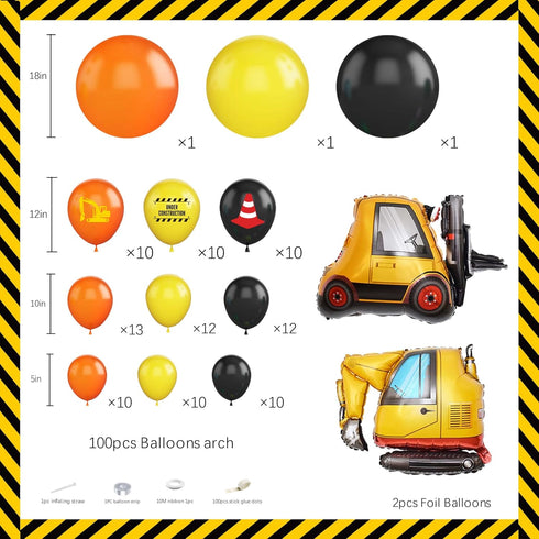 102pcs 18/12/10/5 Inch 2nd 3rd Construction Birthday Party Decorations Balloon Garland Arch Kit with Foil Excavator