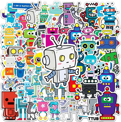Jictegb 50 Pcs Cartoon Robot Stickers - Fun Robot Characters Designs, Premium PVC, Removable & Reusable, for Kids