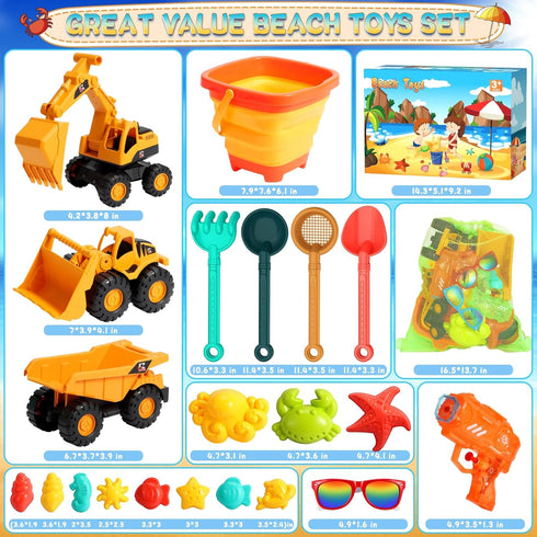 2 Bucket,3 Truck,2 Shovel,2 3-10 HUITEM Beach Toys for Kids, Sand Toys with Collapsible Beach Dump Sunglasses,Ocean