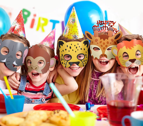 Blulu 16 Pcs Safari Animal Masks for Kids, Jungle Zoo Animals Cartoon Masks for Birthday Party Decorations
