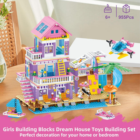 955 Set,Seaside Set,STEM Helicopter,Yacht,Sailboat,Christmas 6-12+ WINGIFT Piece Beach House Building Beach Villa