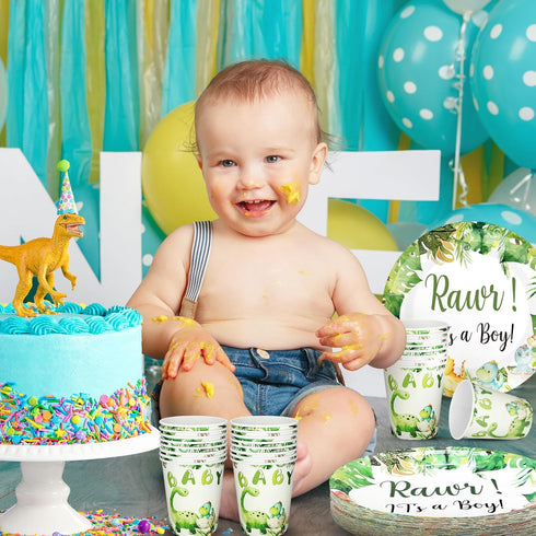 200 Pcs Dinosaur Baby Shower Party Supplies Set - Plates, Napkins, Cups for 50 Guests Girls Spring Decoration
